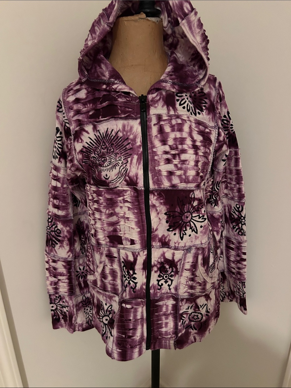 Rising international Purple Tie-Dye Hooded Zip Jacket with Floral Motif